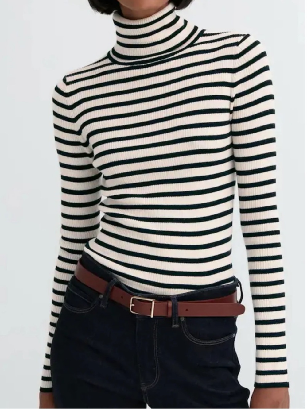 Boden Wool & Cotton Blend Ribbed Knit Striped Turtleneck Sweater Lightweight